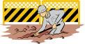 黄色の工事のフェンスの内側で、作業着を着た人が土を掘っているイラスト