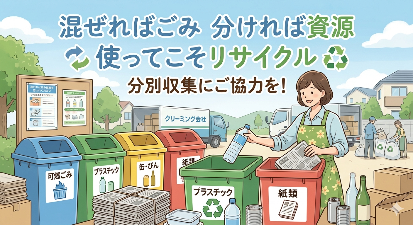 混ぜればごみ 分ければ資源 使ってこそリサイクル 分別収集にご協力を!のテキストと、女性がごみを分別しているイラスト
