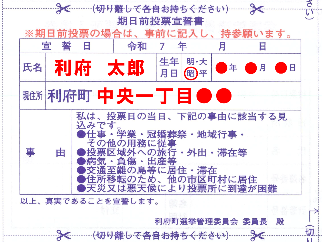 入場券裏面記載例