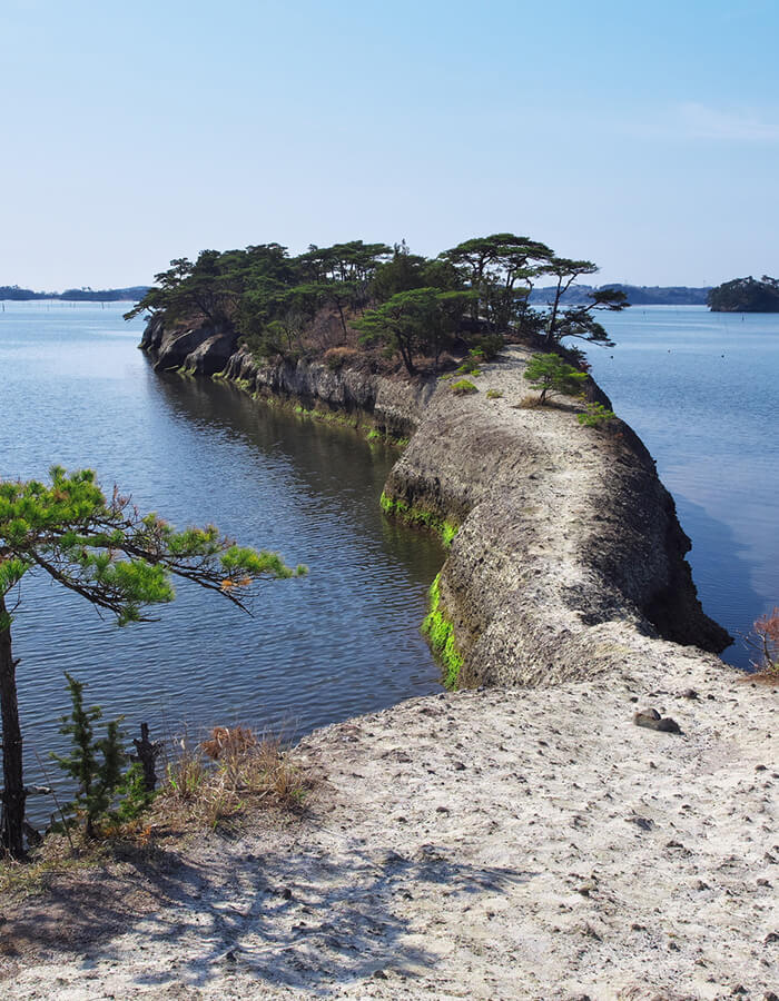 青空の下、海に向かって伸びる景勝地「馬の背」