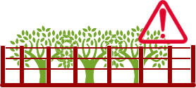 フェンスの後ろに木々があり、右上に赤い注意マークがあるイラスト