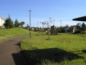 右側に芝生が広がっていて、左にはアスファルトの道が写っている写真