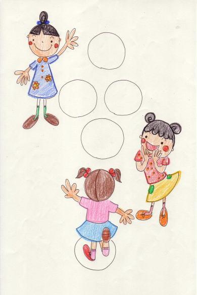 丸い輪を地面に書いて遊んでいる3人の女の子のイラスト