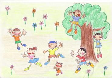 木に登る子供や原っぱを駆け回る子供たちのイラスト