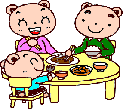 テーブルを囲んで食事をしている熊の親子のイラスト